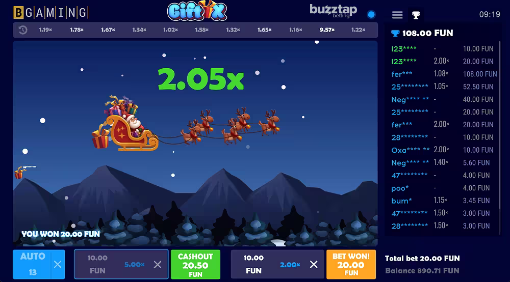 A gameplay screenshot of Gift X crash game by BGaming