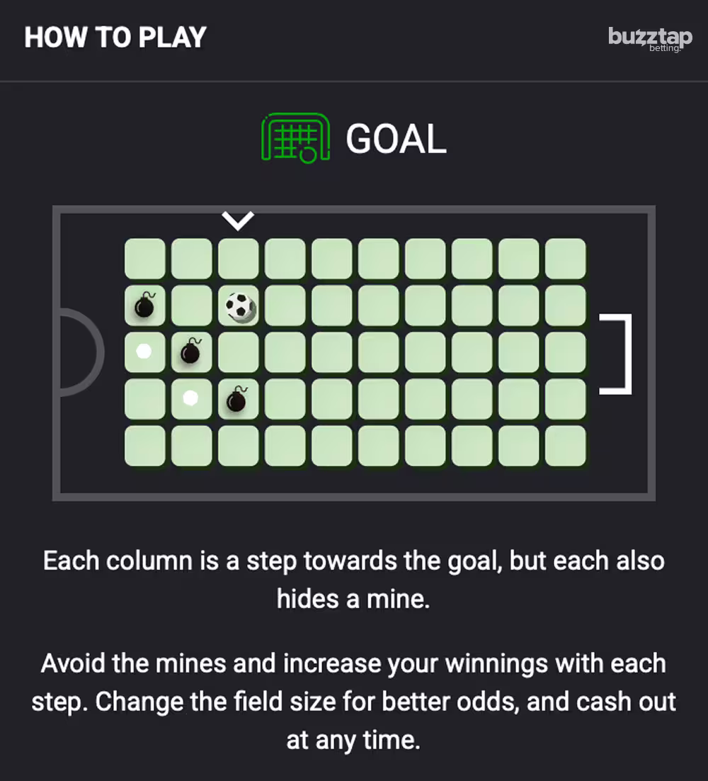 A screenshot of the in-game gameplay instructions for casino game Goal by Spribe