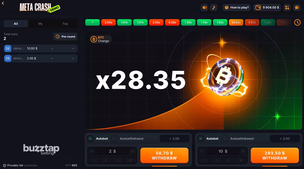 A gameplay screenshot of casino crash game Meta Crash by 100HP Gaming