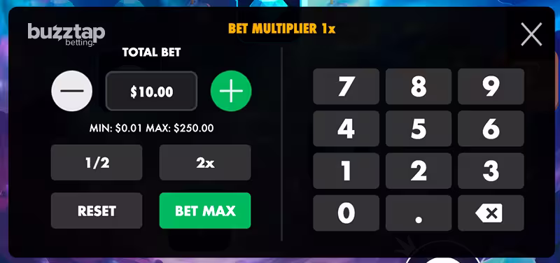 An in-game screenshot of the betting panel controls for casino game Mines+ by Pragmatic Play