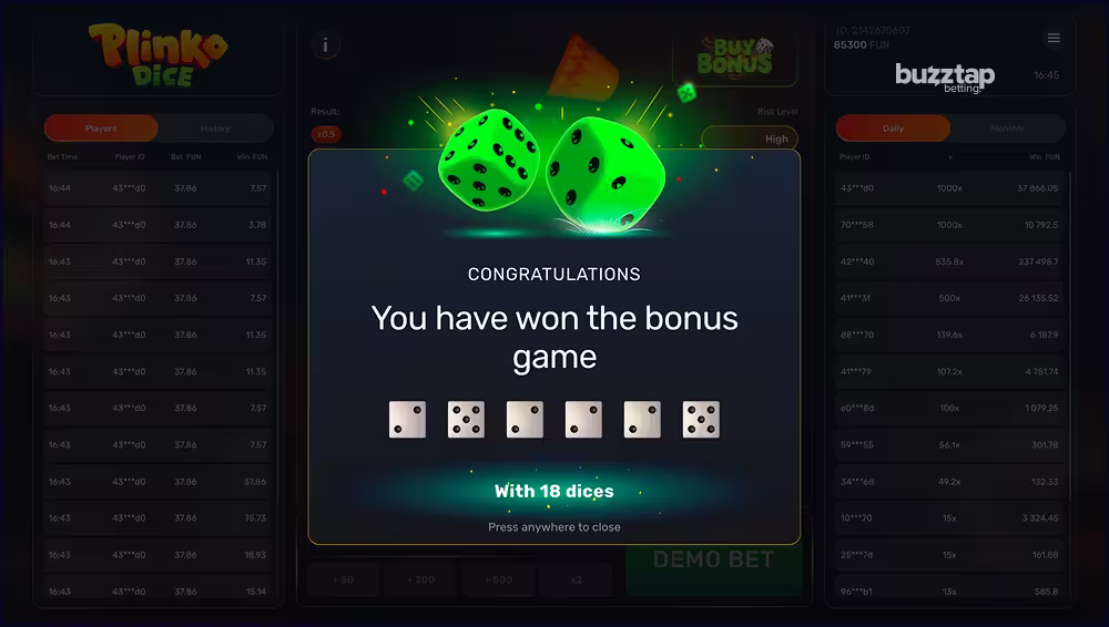 A gameplay screenshot of casino game Plinko Dice by Galaxsys featuring the bonus round