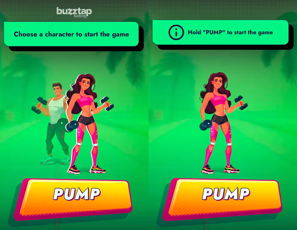 A screenshot showcasing both the male and female characters available in PumpedX casino crash game by Turbo Games