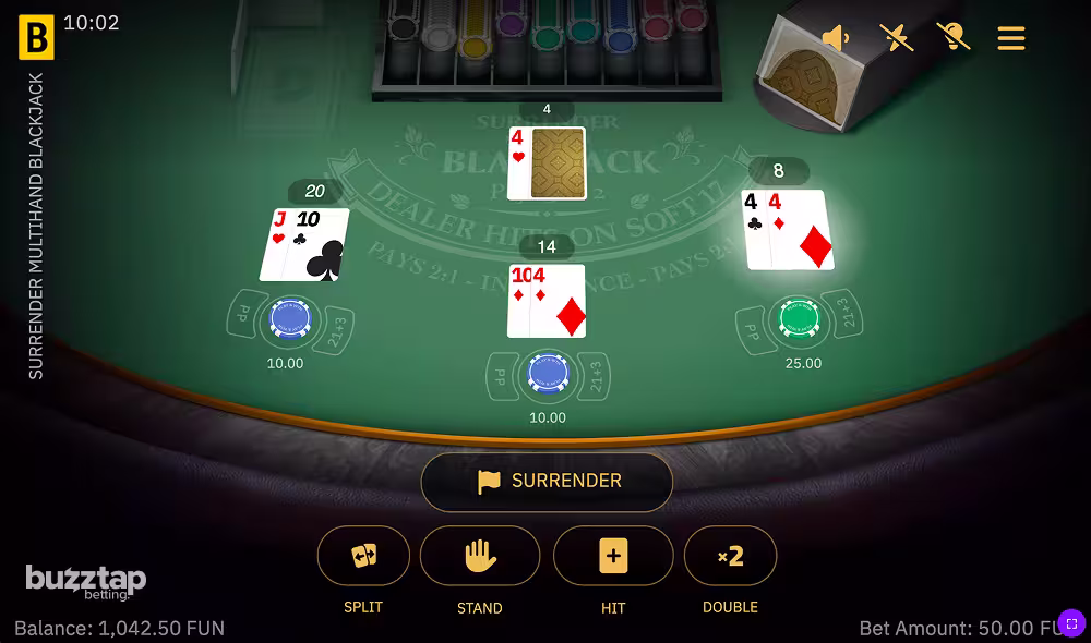 A Surrender Multihand Blackjack gameplay screenshot