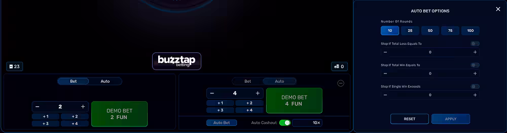 Starlight betting panel and game controls