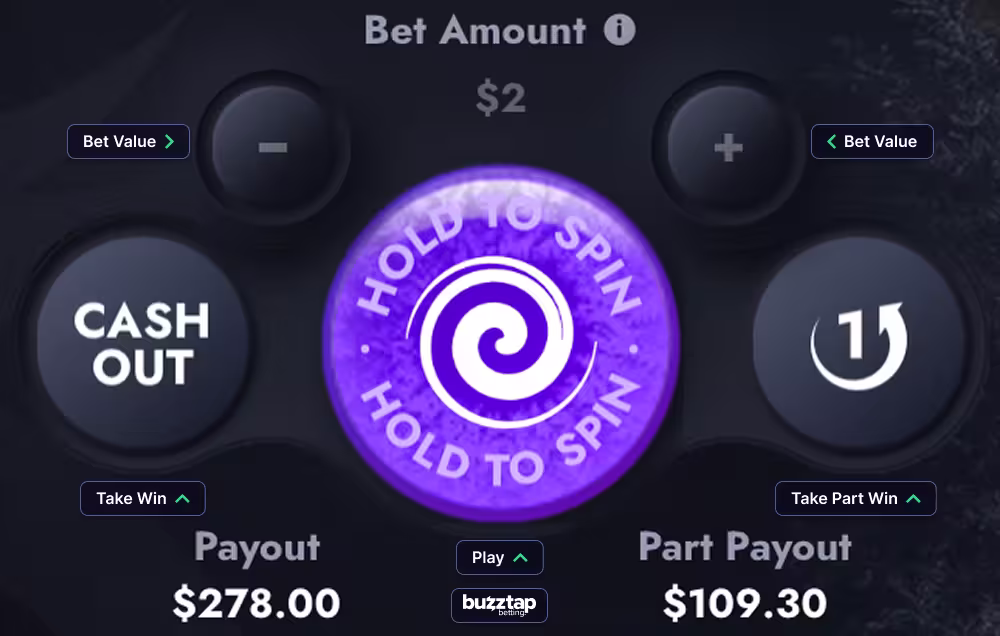 A screen shot of the in-game betting panel for casino game Vortex by Turbo Games