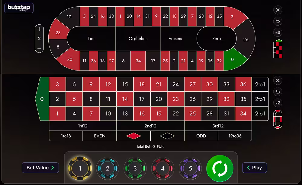 Roulette X betting panel and game controls