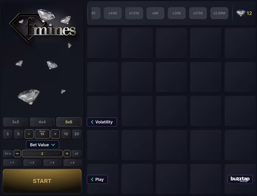 F Mines betting panel and game controls