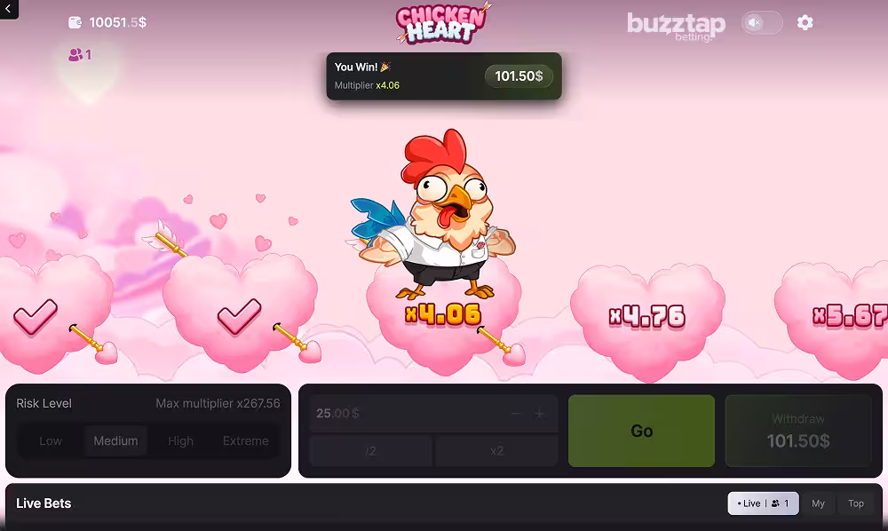 Chicken Heart gameplay screenshot featuring a win cash out