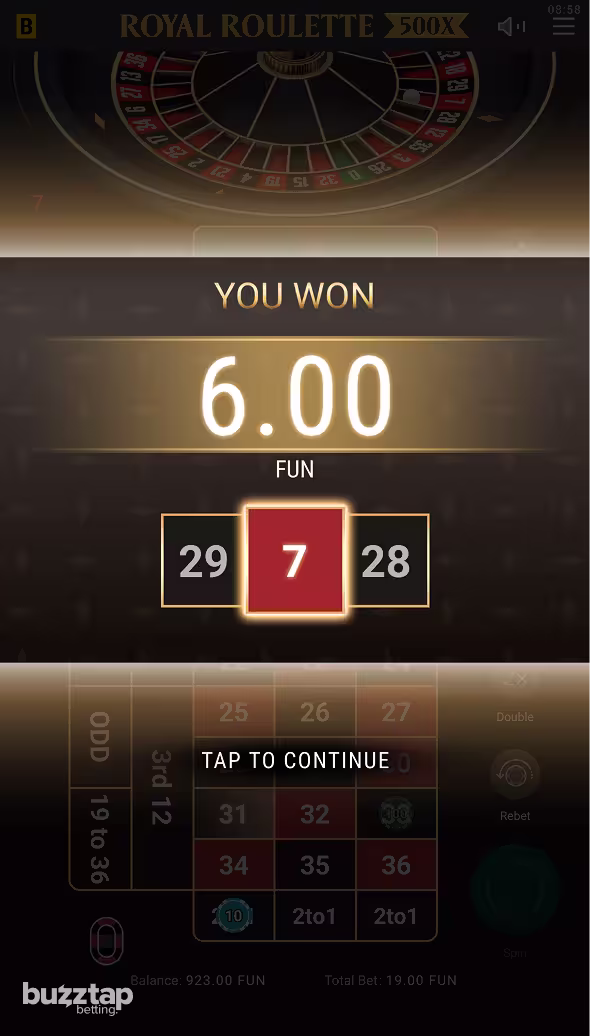 Royale Roulette 500x mobile gameplay winning round
