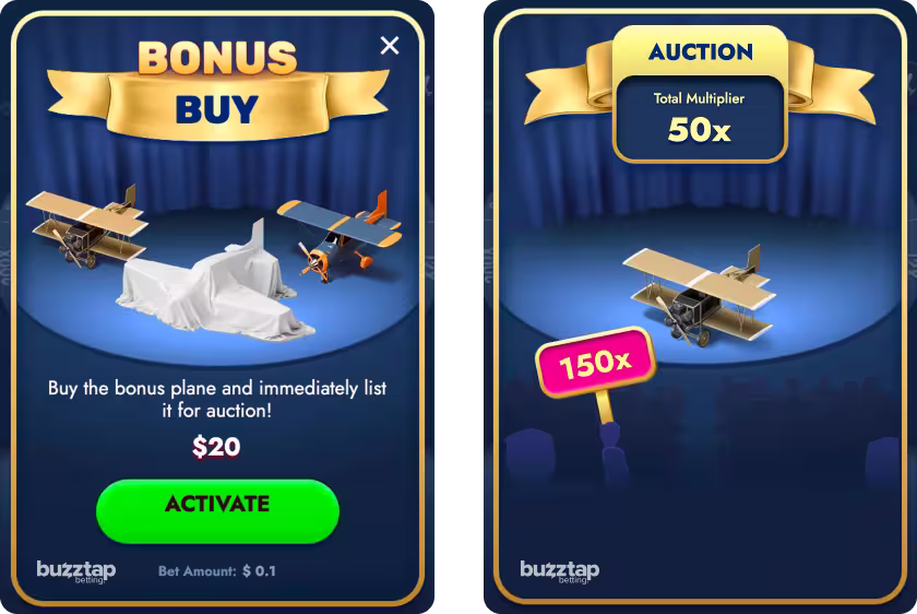 Vortex Aero gameplay showing the bonus buy menu and bonus round experience