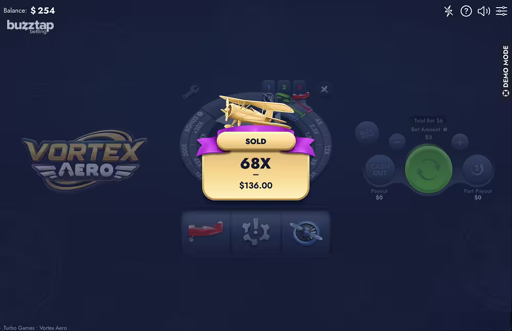 Vortex Aero gameplay showing a winning round cashed out