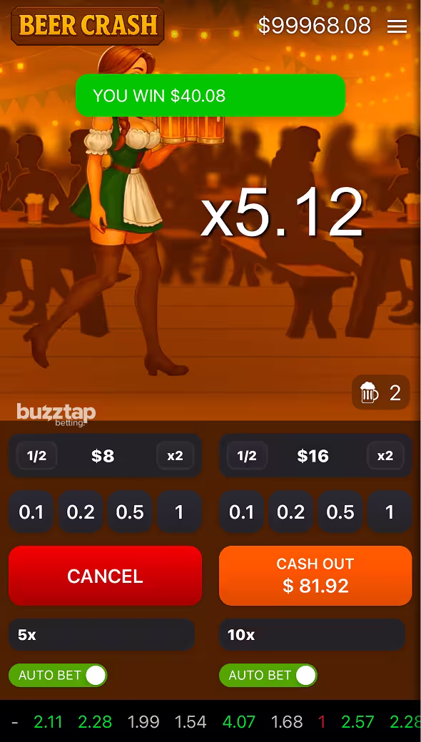 Beer Crash mobile gameplay winning bet