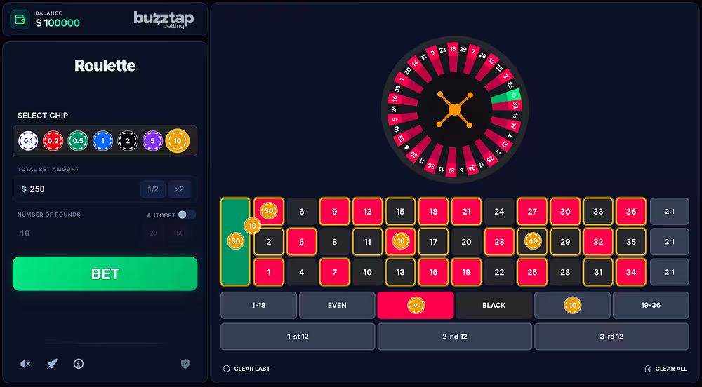 A screenshot of the betting phase for Roulette, showing chips placed on the table