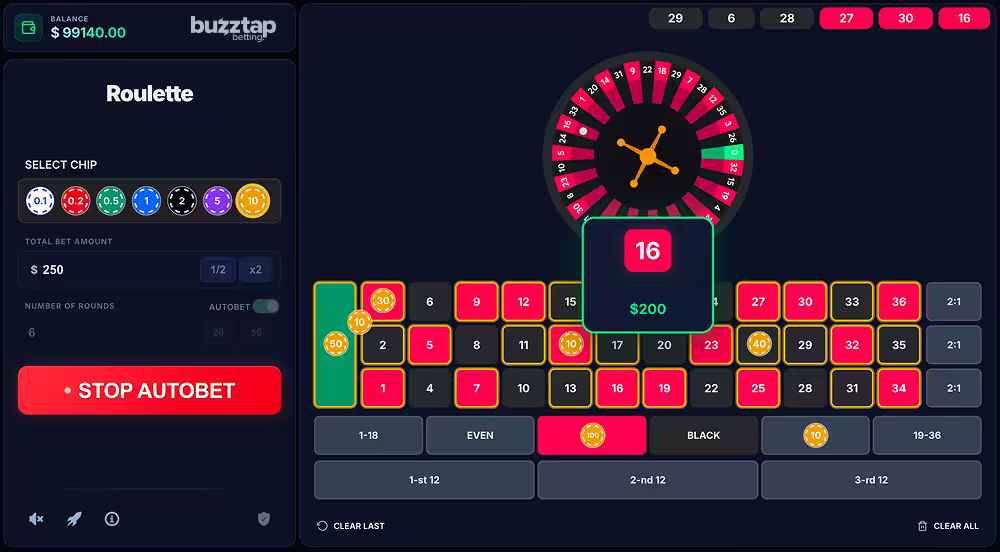 A screenshot of a winning bet on Roulette by Astriona