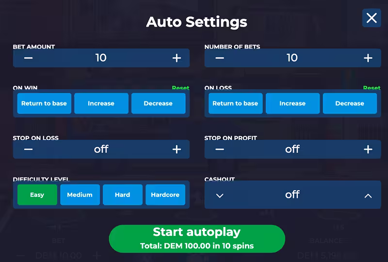 A screenshot of the autoplay menu in Caramelo Dog Lucky Run