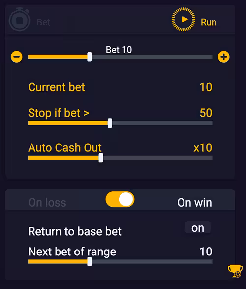Autoplay settings and bet limits for stop trigger condictions menu
