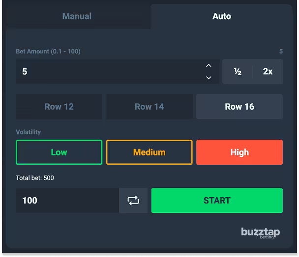A screenshot of the betting panel in Plinko by PopOK Gaming