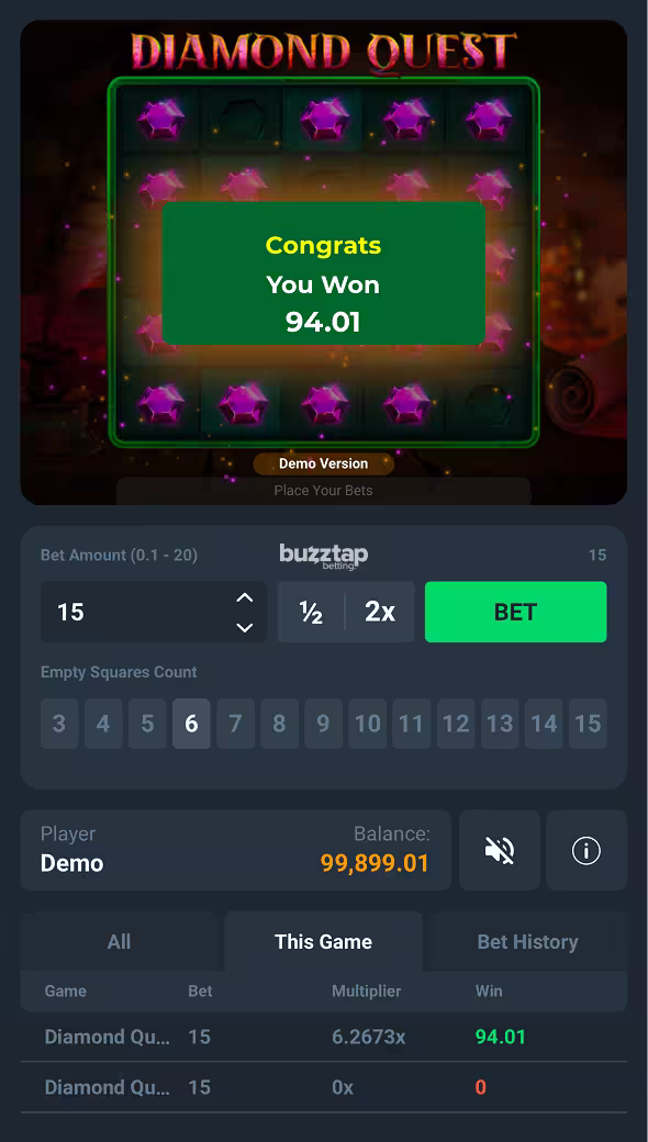 Diamond Quest mobile gameplay winning round cash out