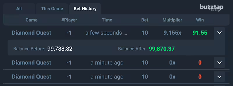 Diamond Quest PopOK Gaming bet history panel screenshot