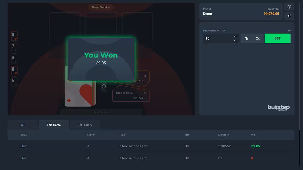 Winning round cashed out in HiLo by PopOK Gaming