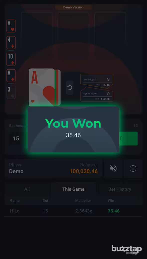 HiLo PopOK Gaming mobile gameplay screenshot winning round