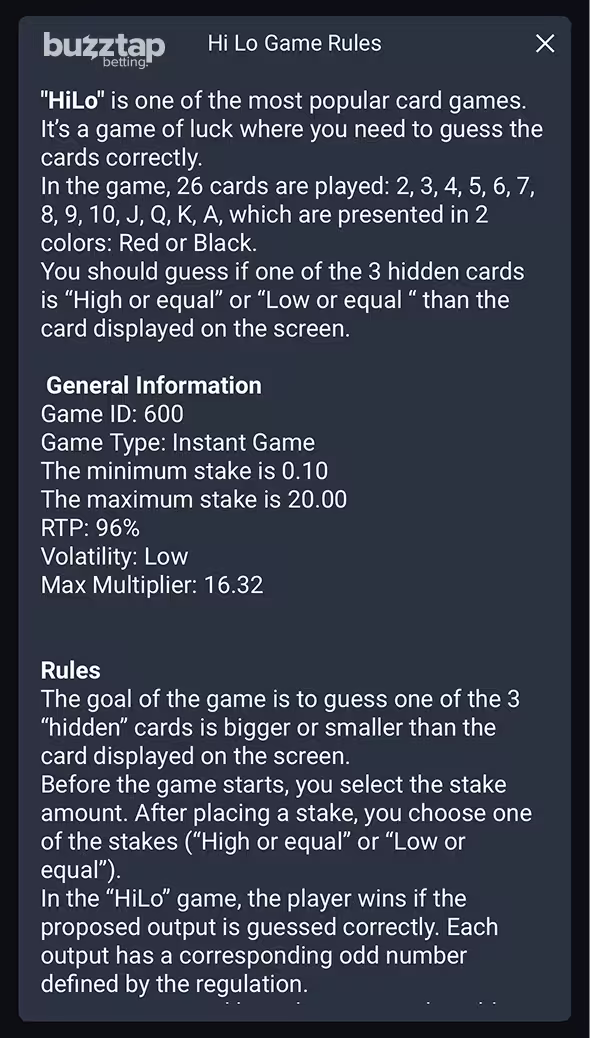 HiLo PopOK Gaming mobile game rules screenshot