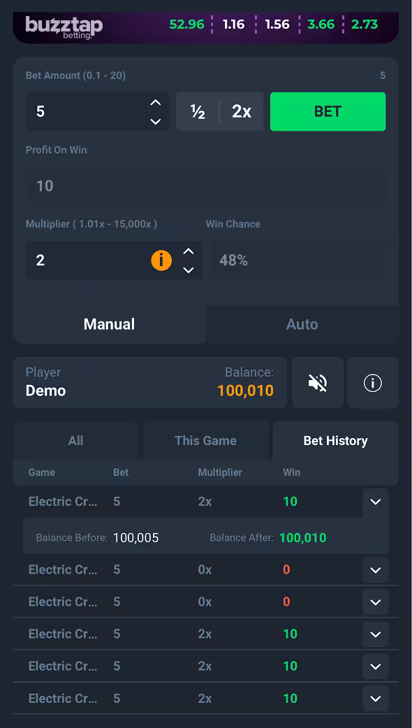 Electric Crash PopOK mobile bet history menu