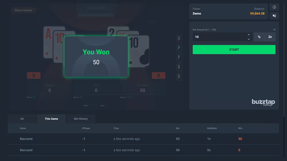 Baccarat by PopOK Gaming winning round screenshot