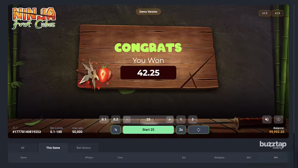 Cashing out a win in Ninja Fruit Cubes by PopOK Gaming
