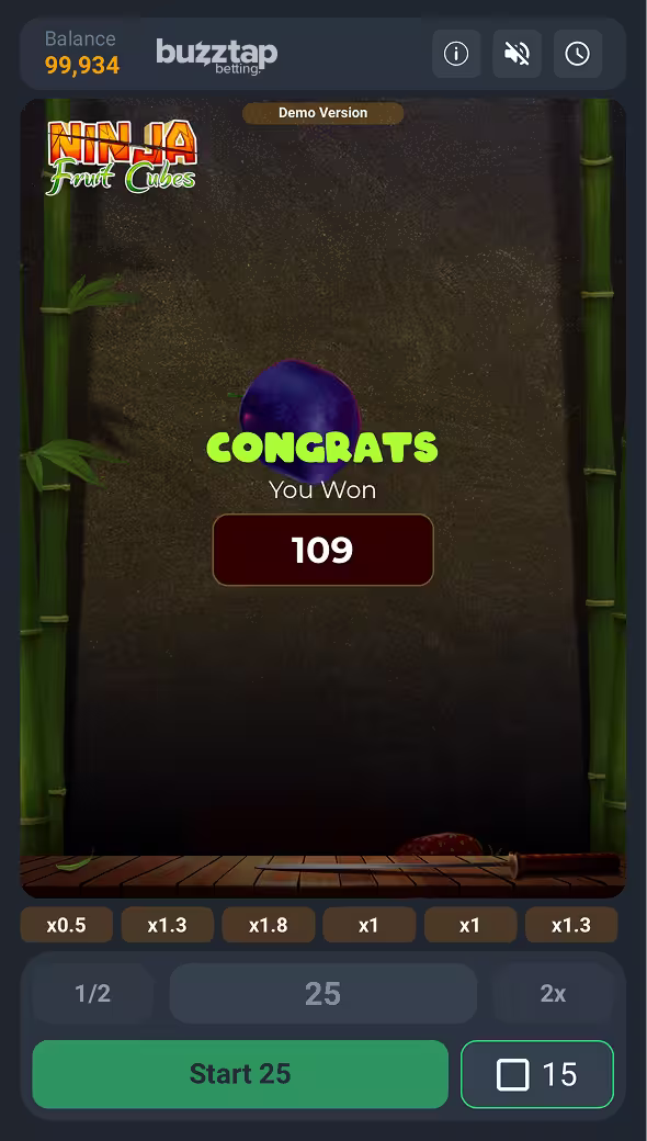 Ninja Fruit Cubes mobile gameplay cashing out a win