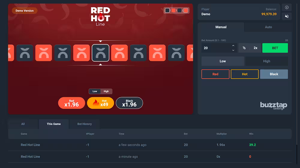 Red Hot Line gameplay screenshot in low risk mode
