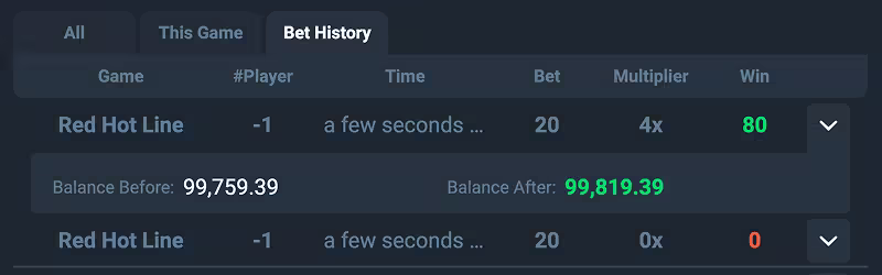 Red Hot Line PopOK Gaming bet history screenshot