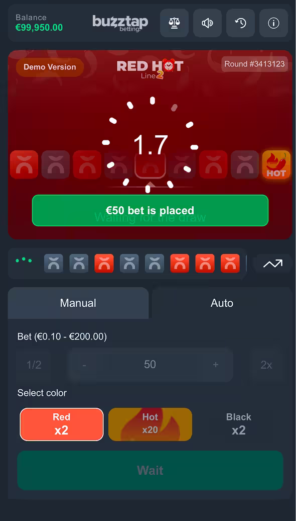 Red Hot Line 2 mobile gameplay placing bets