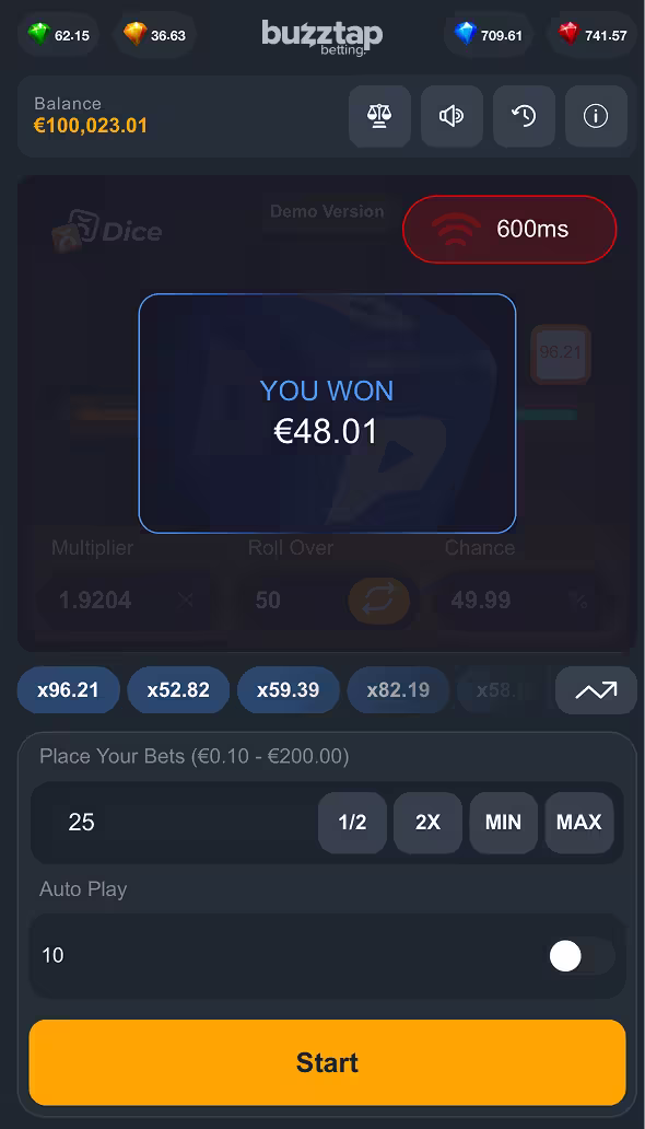 Dice PopOK Gaming mobile gameplay bet won