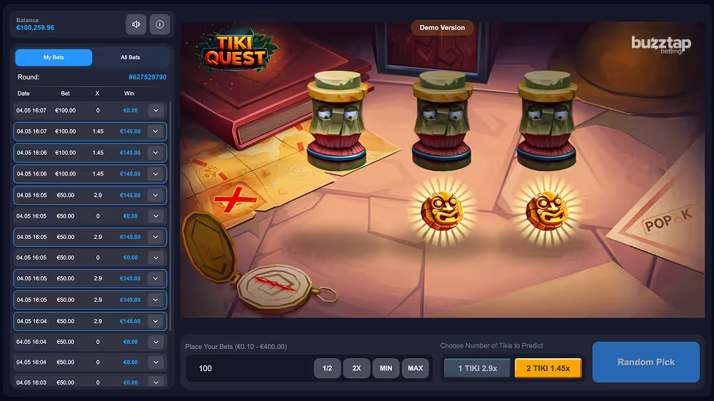 Tiki Quest by PopOK gameplay screenshot winning bet 2x Tiki mode