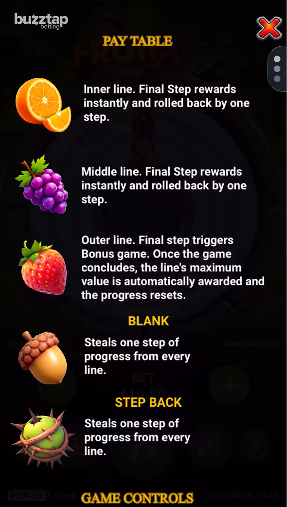 Fruit X PopOK Gaming mobile gameplay infographic help page screenshot