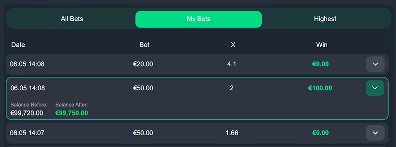 Bet History panel showing all live bets, player bets and leaderboard bets