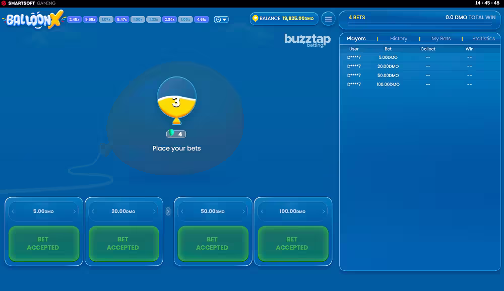 BalloonX gameplay screenshot by SmartSoft with 4 bets accepted