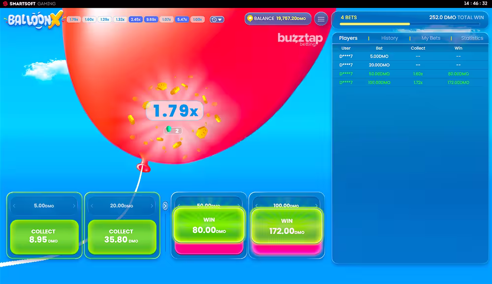 Cashing out all 4 bets in BalloonX by SmartSoft