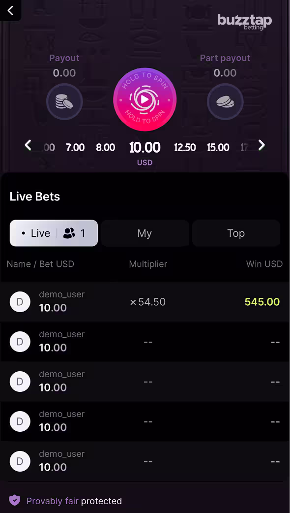 Spinra mobile gameplay screenshot live bet ticker