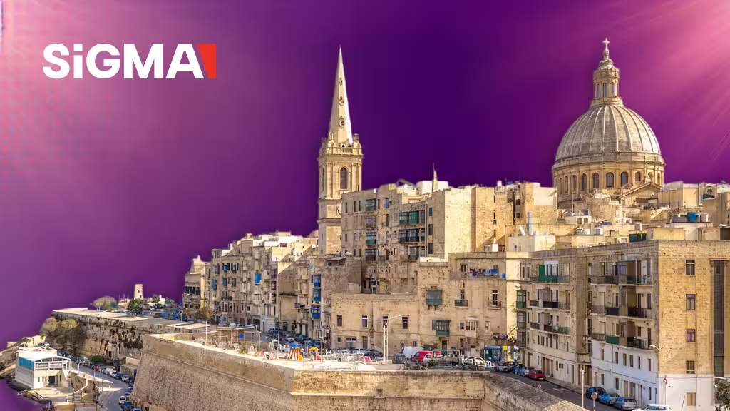 Maltese buildings capturing the aesthetic of the city against a purple background with the SiGMA logo visible