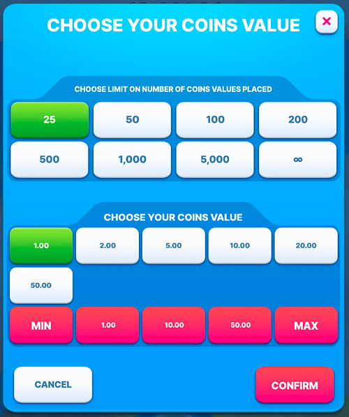 Piggy Tap bet value menu for configuring bet size