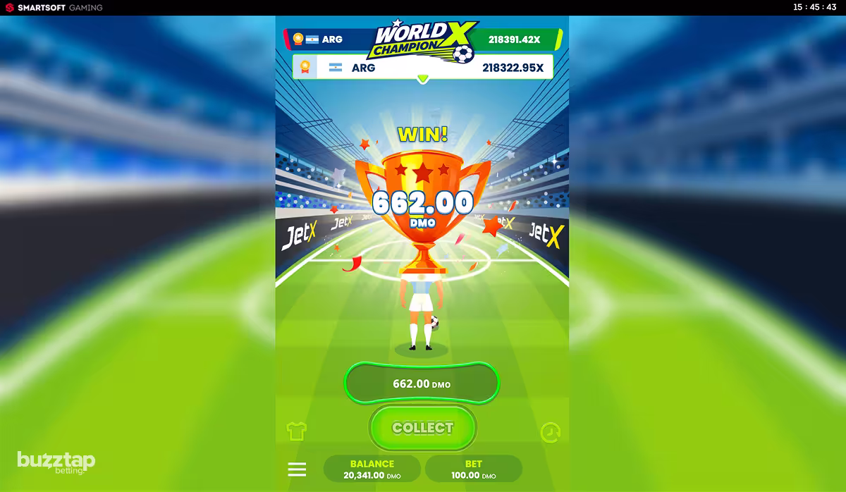 A gameplay screenshot of World Champion X by SmartSoft Gaming, collecting a winning bet