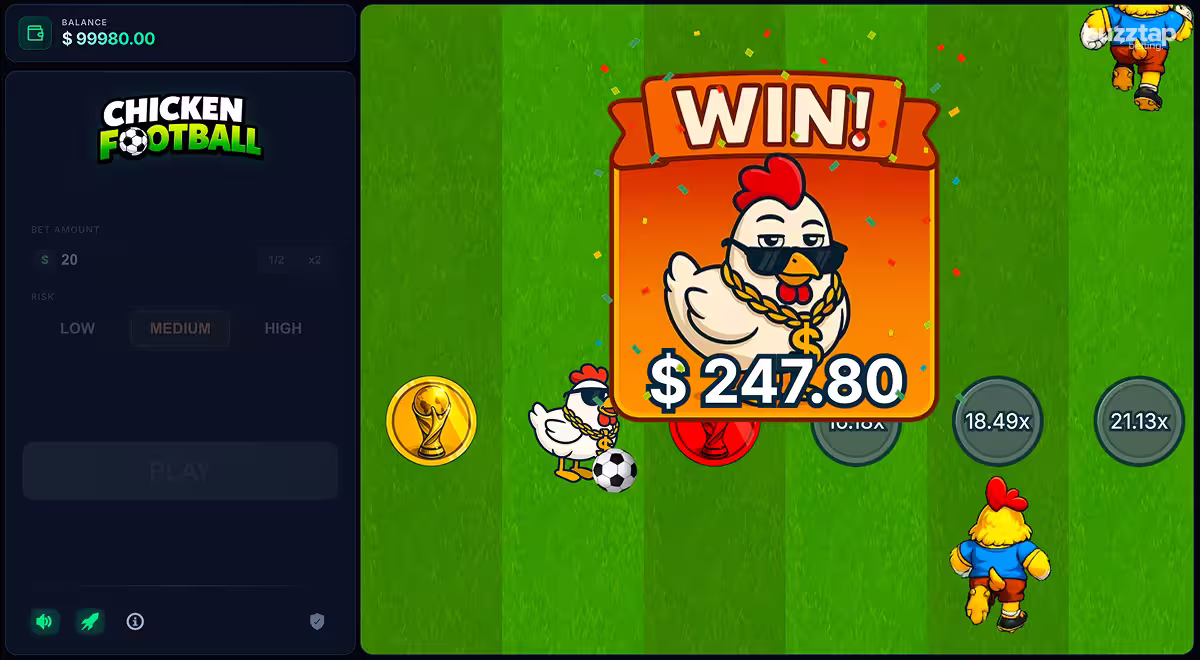 Gameplay screenshot of Chicken Football by Astriona on PC, showing a winning round