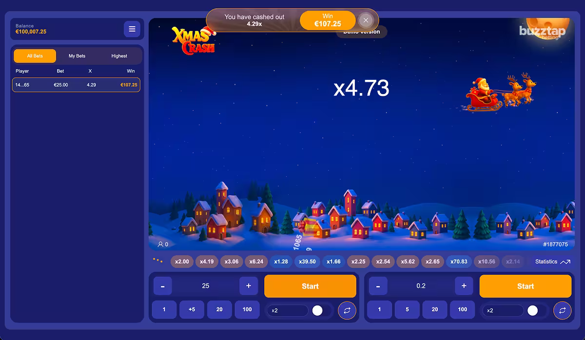 A screenshot of Xmas Crash game by Popok Gaming collecting a 4.29x win