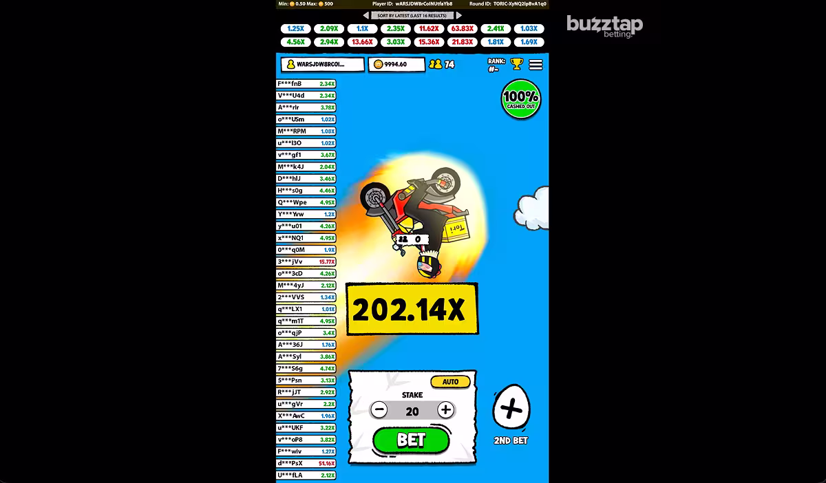 A screenshot of Toridama Crash gameplay mid round with a massive 200x multiplier