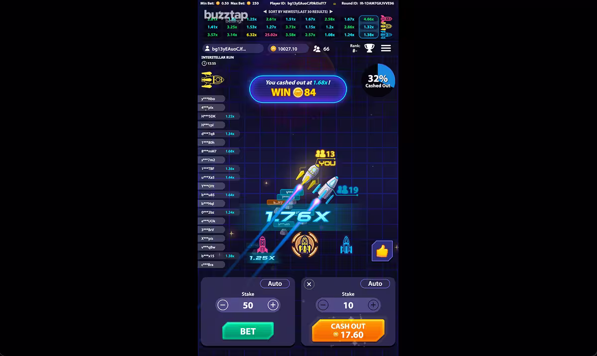 Interstellar Run crash game screenshot showing a winning round as the bet is cashed out
