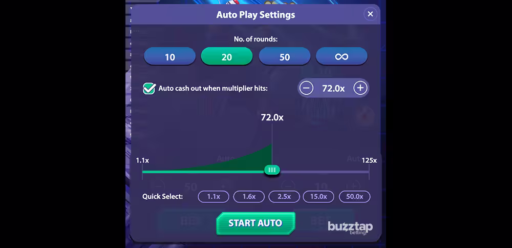 Interstellar Run crash game screenshot showing the auto play settings menu