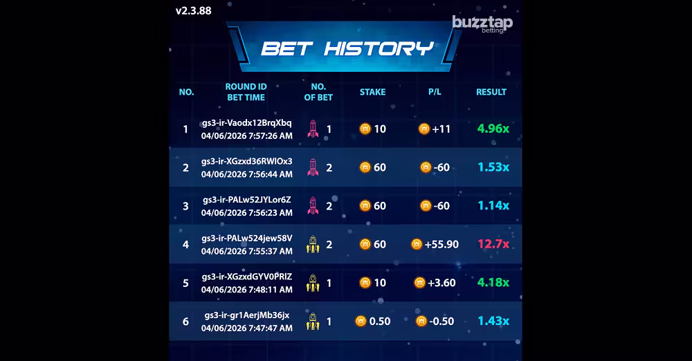 Interstellar Run crash game screenshot showing the bet history menu