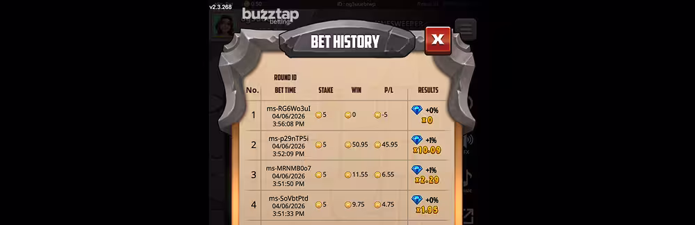 A gameplay screenshot of Minesweeper by KingMidas showing the bet history menu